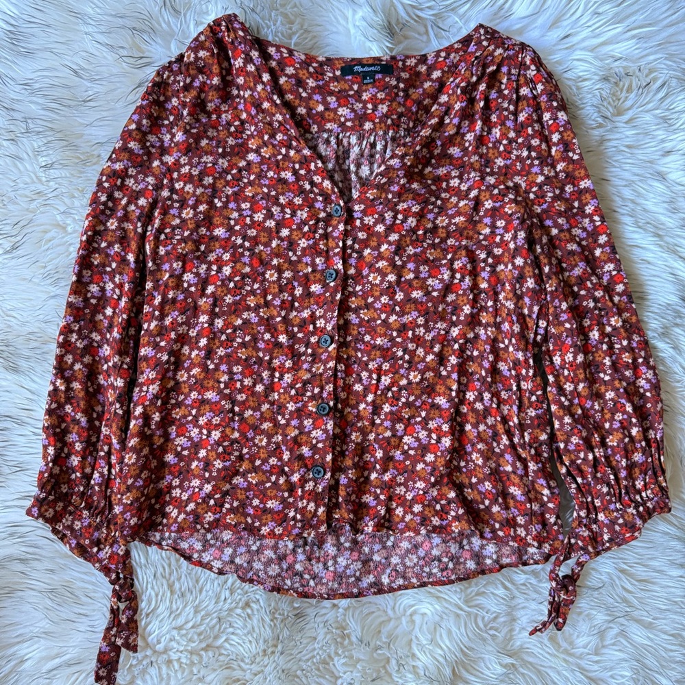 Madewell Floral Long Sleeve Blouse Tie Cuff Top Women’s Small 🌼